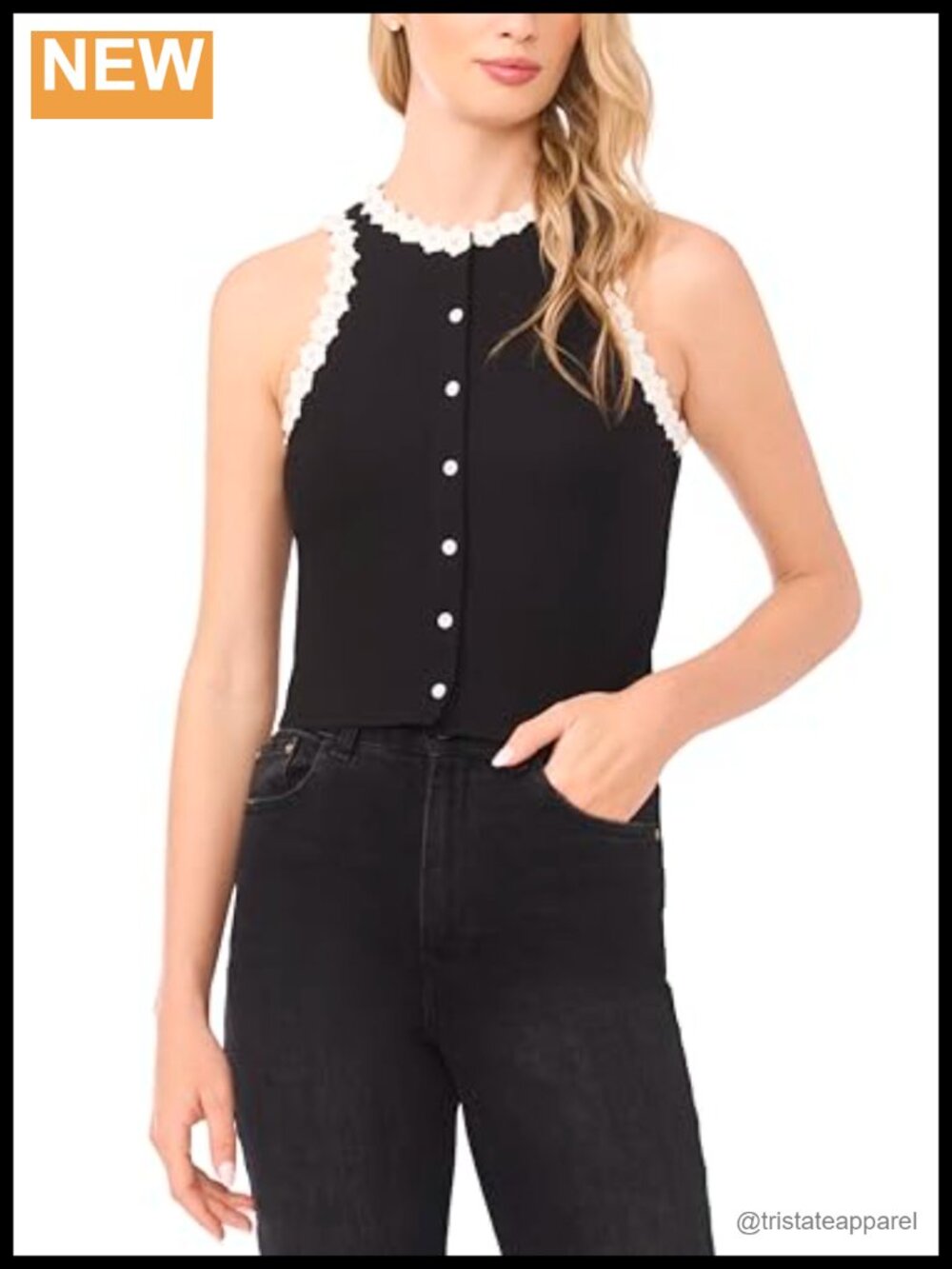 Women's Sleeveless Crochet Trim Button Down Blouse